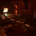 Interior shot of the Burial Ground temple/building. The skeleton of the large monster is instantly visible and used as a guide to lead Players towards the skull when a piece of valuable loot is placed.