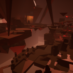 An overhead view of both land masses. The piece on the left supports a small cave system and makeshift fortress that eventually lead to the large crystal on the right (area with red lights)