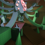 Players are able to shoot the chains holding up the small prison cells to drop them on top of the boss monster. This not only damages the boss, but also slightly changes the geometry of the arena.