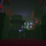 Initial view when entering the Dungeon section. The bright lights in the center of the image, behind the prison cells are meant to draw the Player's eye so they know where the exit is.