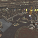 A view down into the Main Hall. Players will reach this area from the second floor and need to interact with the TV set. I wanted the TV set to be the obvious next place to go, so I made sure it was prominently visible as the Player entered this area.