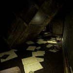 Players need to crouch under this fallen bookshelf to reach the Key deeper in the Study, but encounter a ghost enemy as they're progressing through the squeeze space.